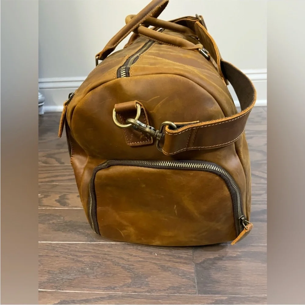 COGNAC LEATHER WEEKEND TRAVEL DUFFLE BAG LARGE